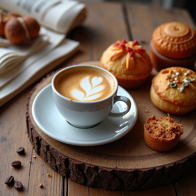 Gambar flat-lay secawan kopi dan pastri di sebuah kafe