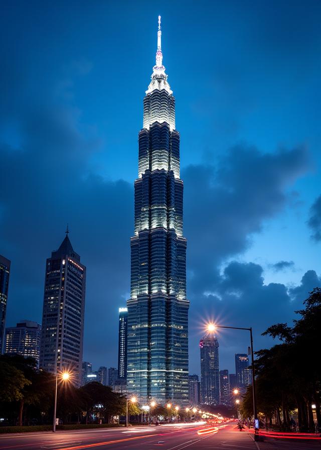 Pemandangan seni bina moden Menara KL pada waktu malam